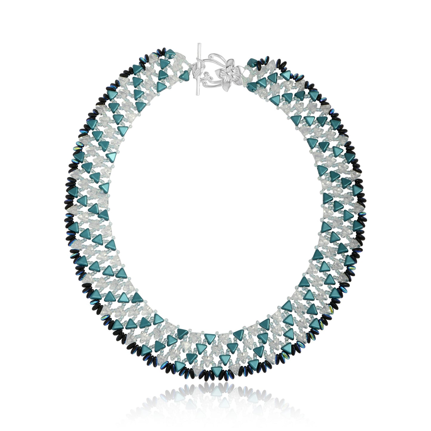 Handwoven geometric necklace with white, mint and dark blue beads in a symmetrical frost-like pattern, shown on white background