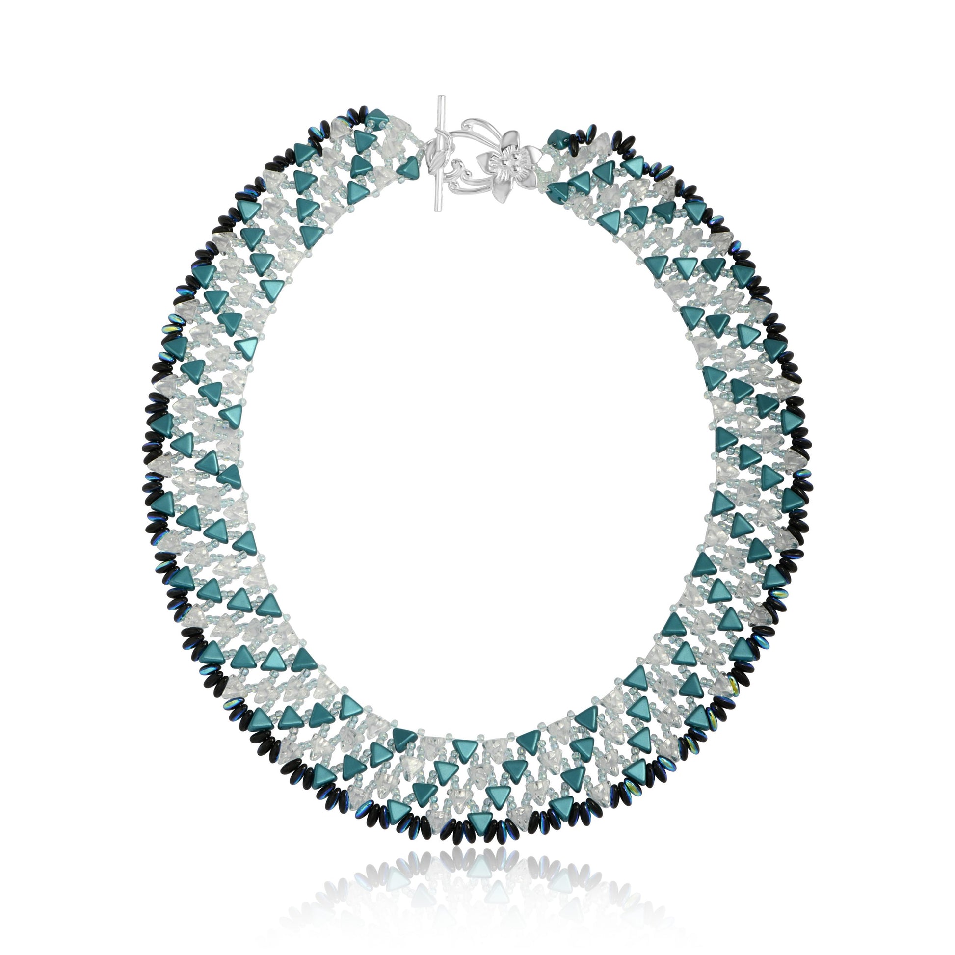 Handwoven geometric necklace with white, mint and dark blue beads in a symmetrical frost-like pattern, shown on white background