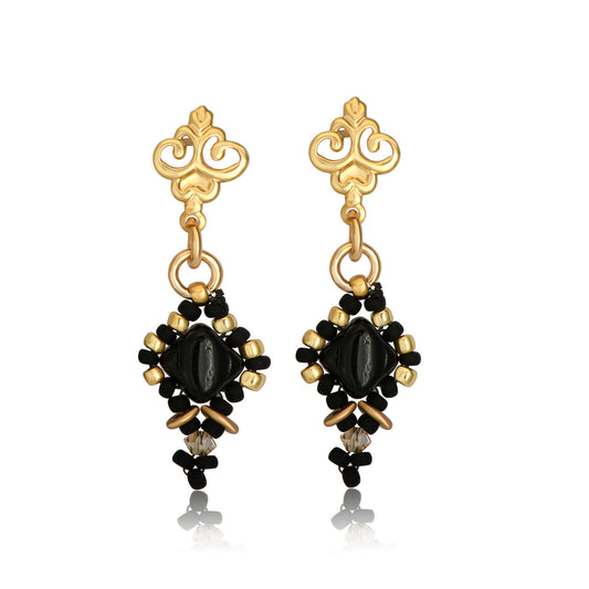 
Pair of dangling earrings handwoven with black and gold-toned beads, suspended from ornamental gold findings