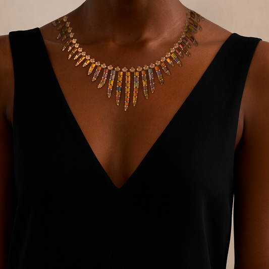 Model wearing Josefine amber gold Swarovski necklace by Jardin, captured in soft studio lighting.
