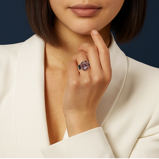 Beaded ring featuring a large iridescent crystal in pink and gold tones, with a woven black multicolor band on a model

