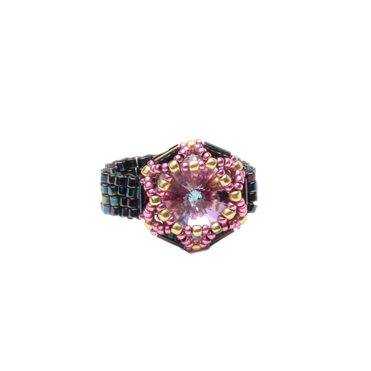 Jardin Lys ring in pink crystal and gold, handcrafted with Swarovski® and Czech glass beads with a modern dark band.
